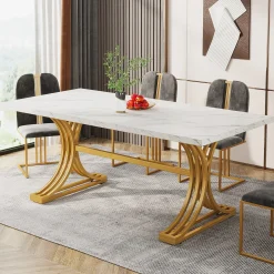 63" Modern Dining Table with Faux Marble Tabletop & Metal Legs