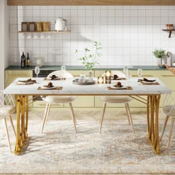 63" Modern Dining Table with Faux Marble Tabletop for 4-6 People