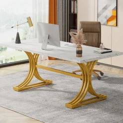 63" Modern Executive Computer Desk with Faux Marble Tabletop