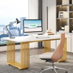 70.9" Modern Executive Desk, Gold and White Office Computer Desk Conference Table