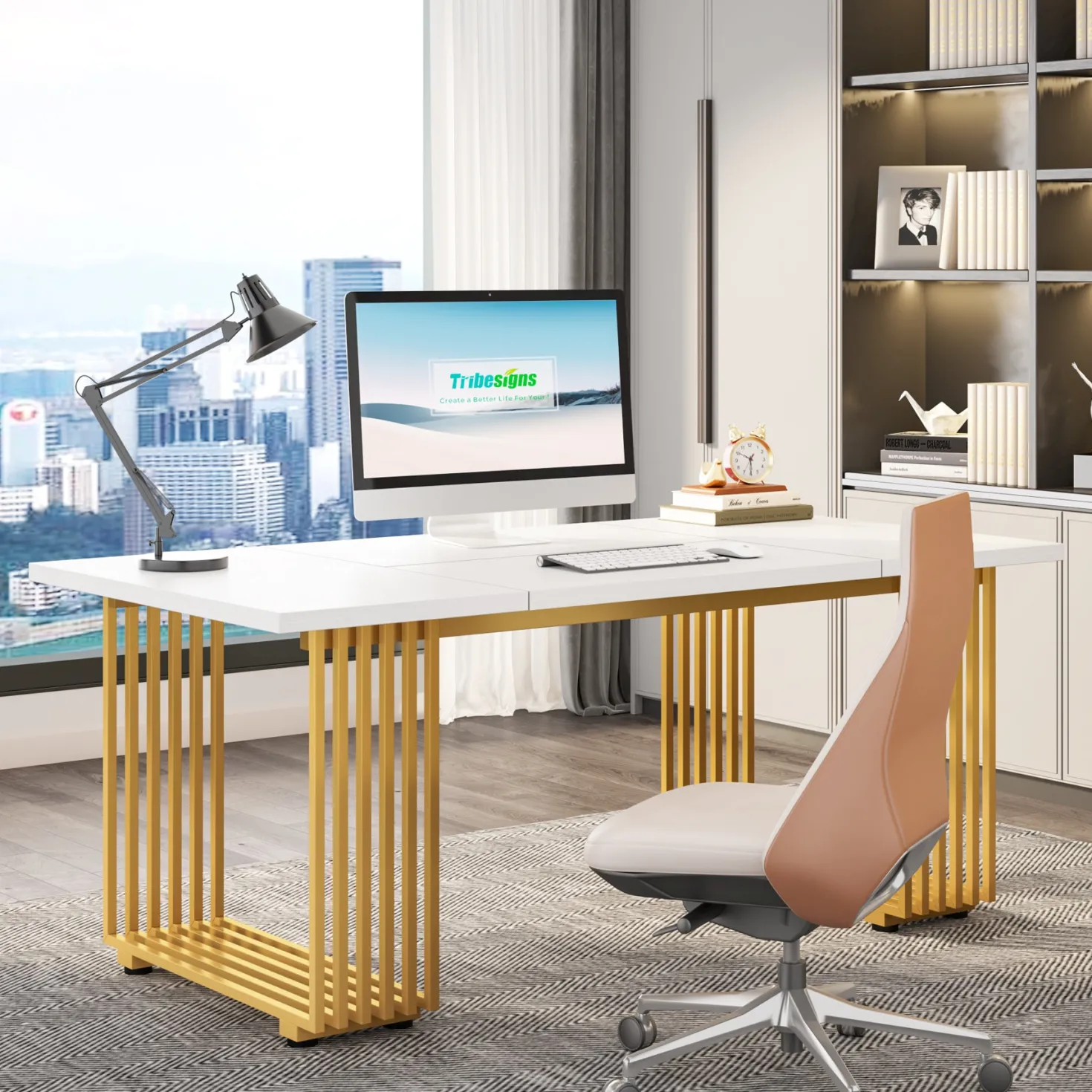 70.9" Modern Executive Desk, Gold and White Office Computer Desk Conference Table