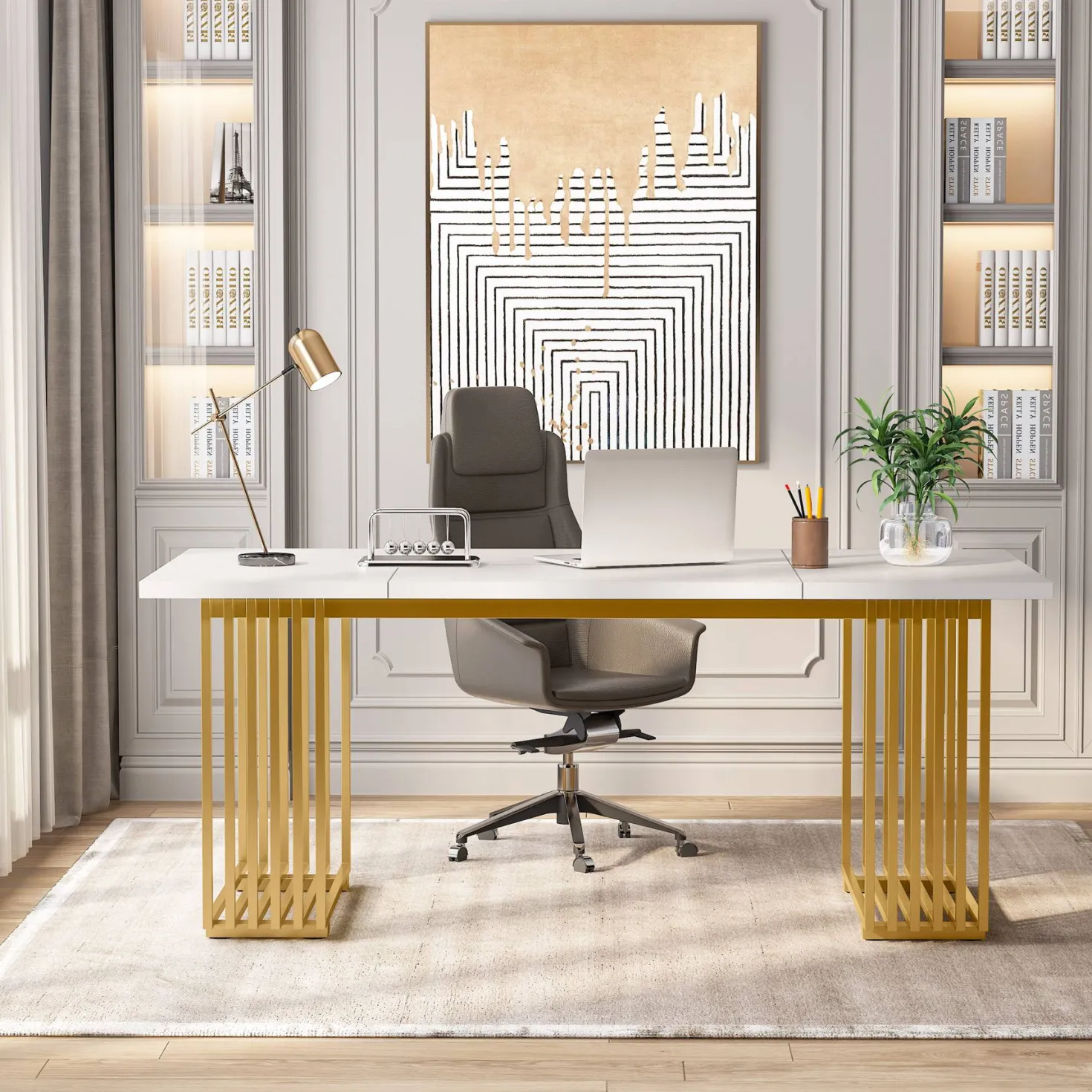 70.9" Modern Executive Desk, Gold and White Office Computer Desk Conference Table