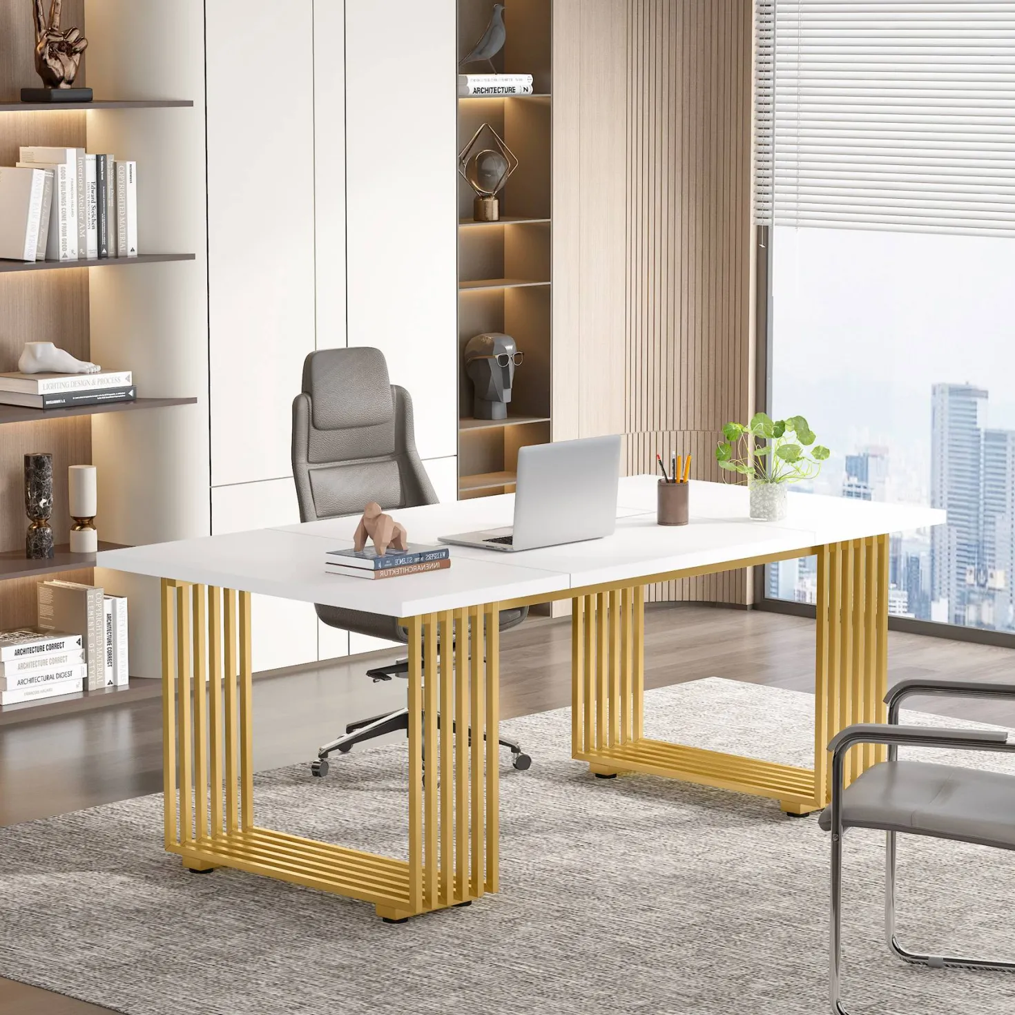 70.9" Modern Executive Desk, Gold and White Office Computer Desk Conference Table