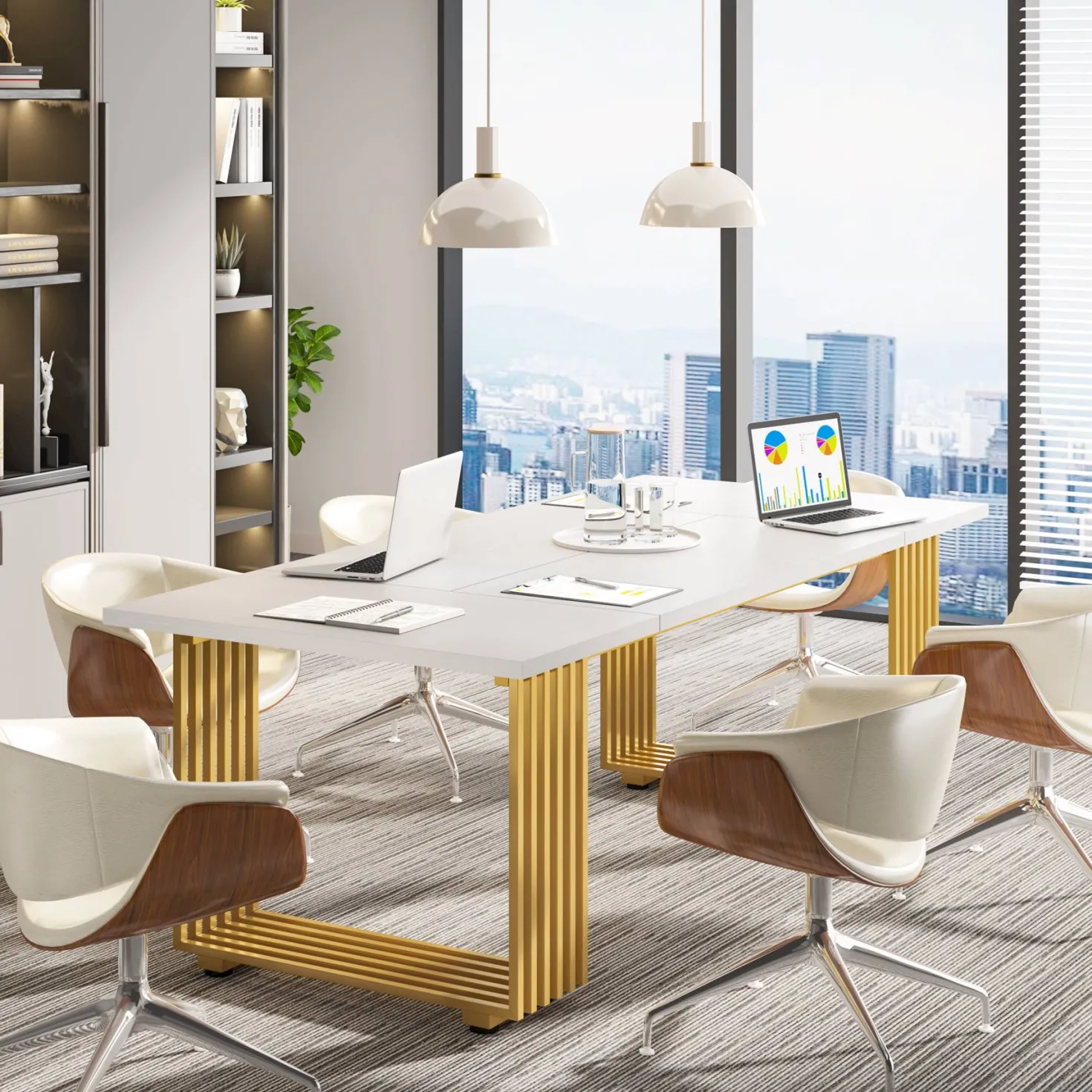 70.9" Modern Executive Desk, Gold and White Office Computer Desk Conference Table