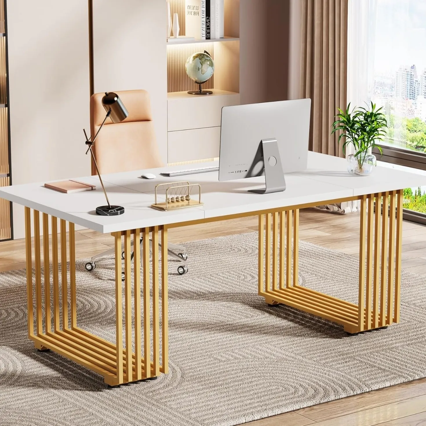 70.9" Modern Executive Desk, Gold and White Office Computer Desk Conference Table
