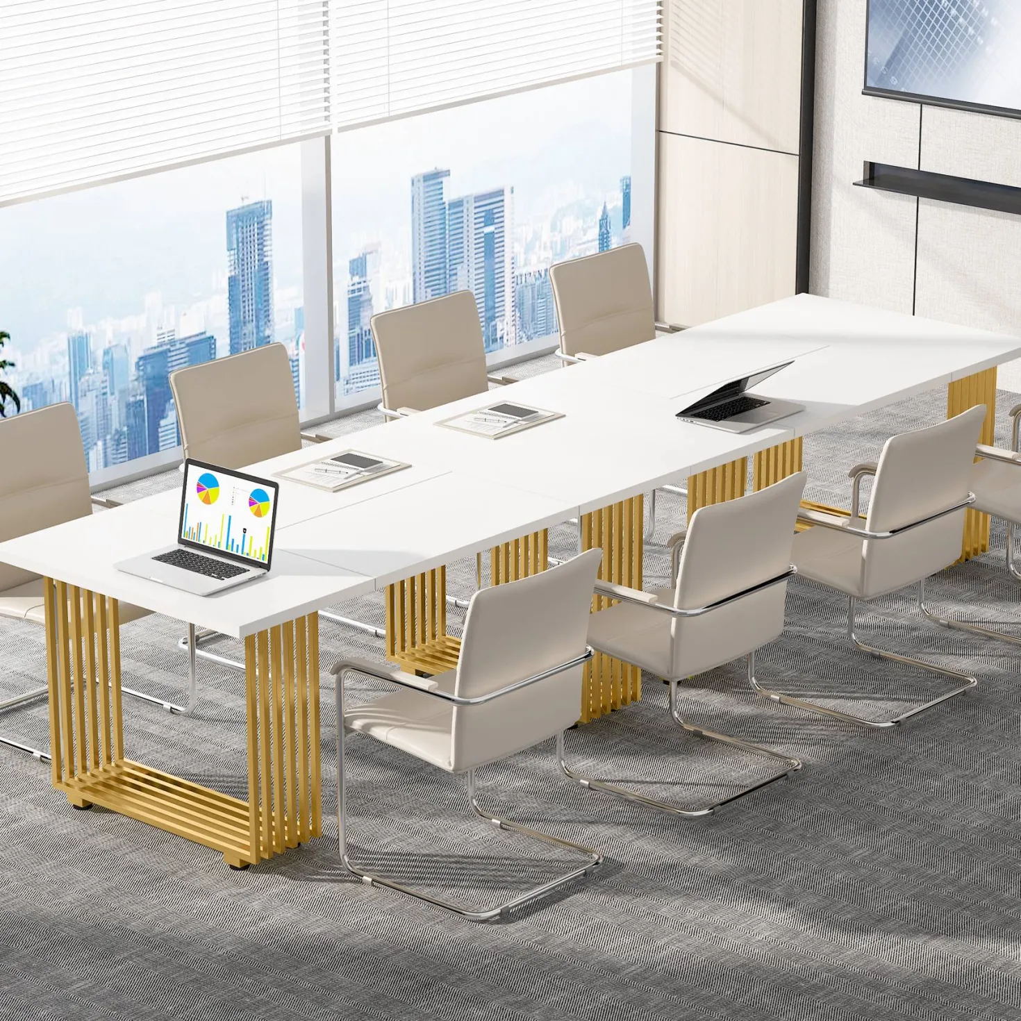 70.9" Modern Executive Desk, Gold and White Office Computer Desk Conference Table