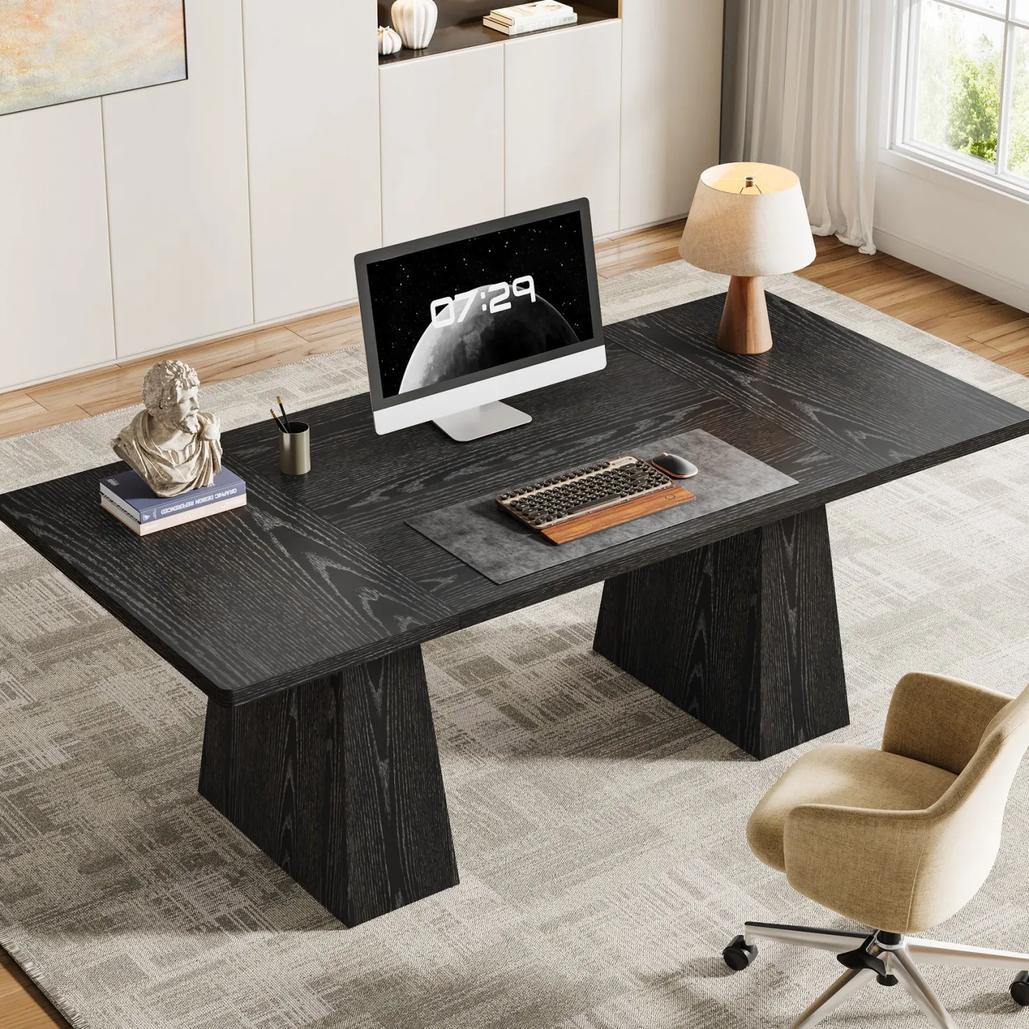 63" Modern Executive Desk, Large Office Computer Desk with Sturdy Double Pedestal