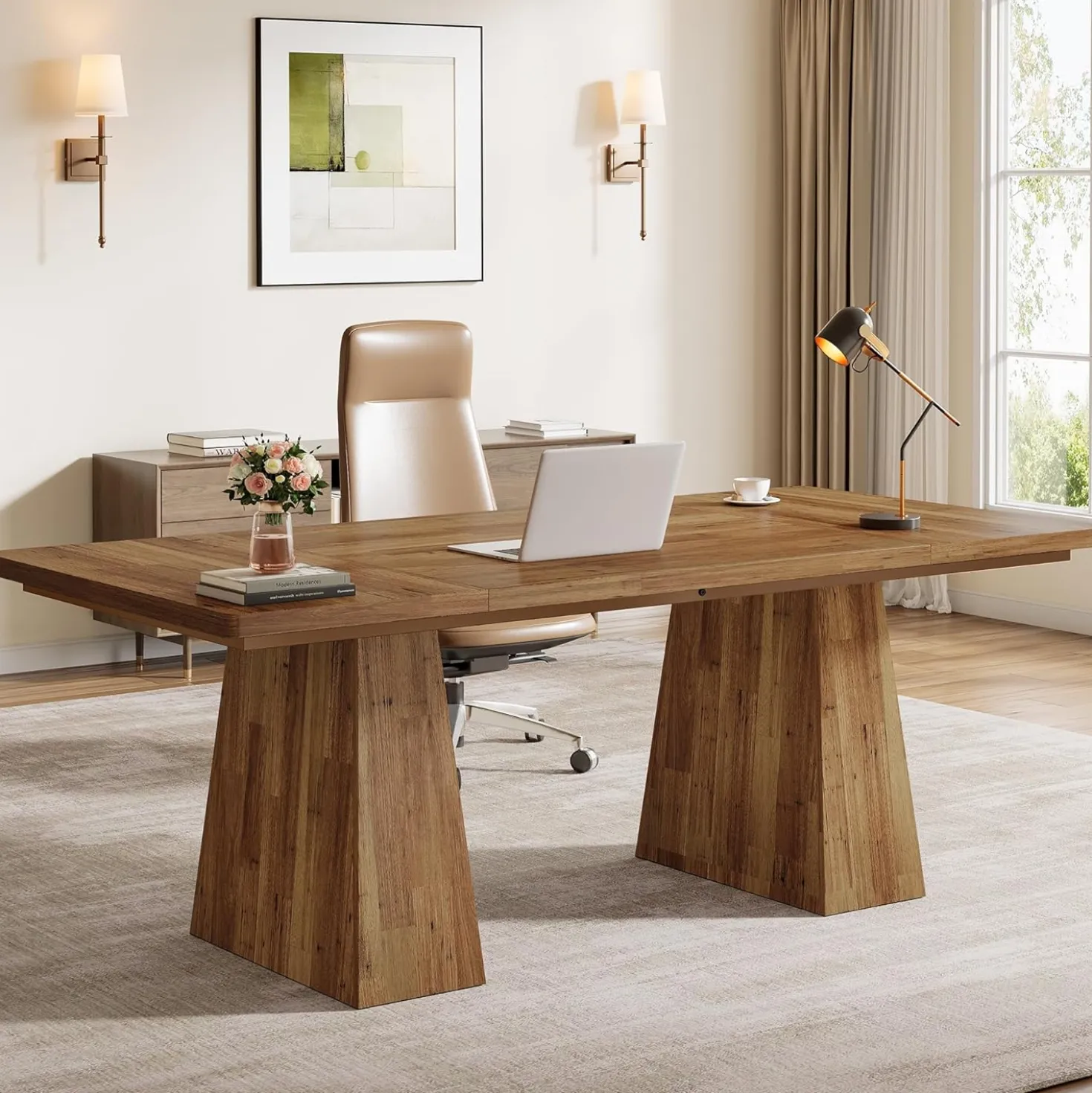 63" Modern Executive Desk, Large Office Computer Desk with Sturdy Double Pedestal