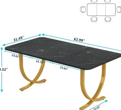 63" Modern Kitchen Table with Gold Metal Legs, Faux Marble Rectangular Dining Table