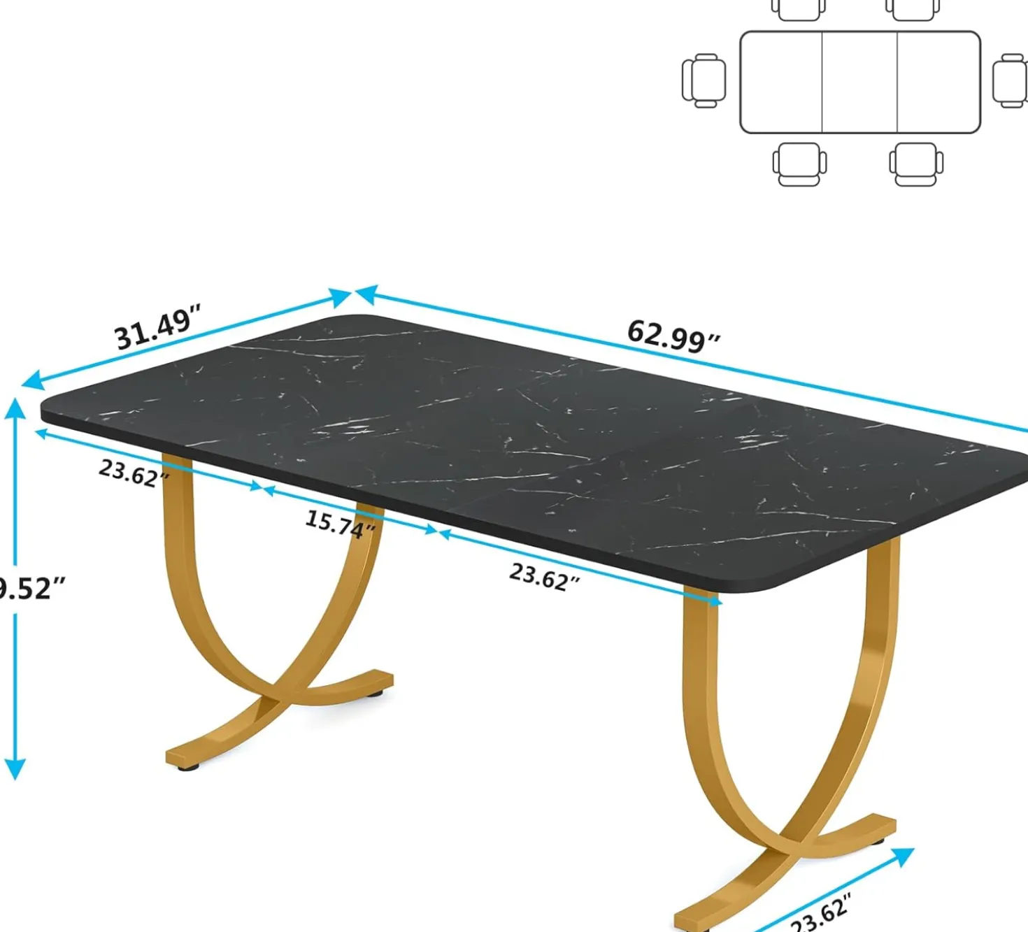 63" Modern Kitchen Table with Gold Metal Legs, Faux Marble Rectangular Dining Table