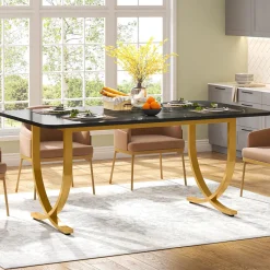 63" Modern Kitchen Table with Gold Metal Legs, Faux Marble Rectangular Dining Table
