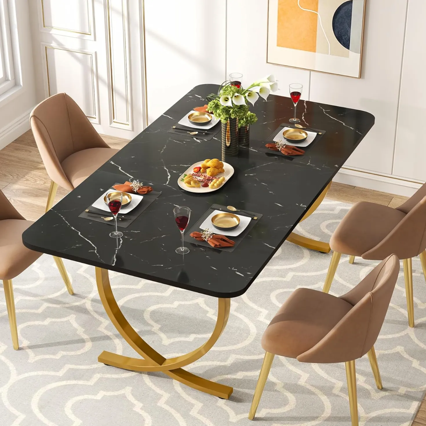 63" Modern Kitchen Table with Gold Metal Legs, Faux Marble Rectangular Dining Table