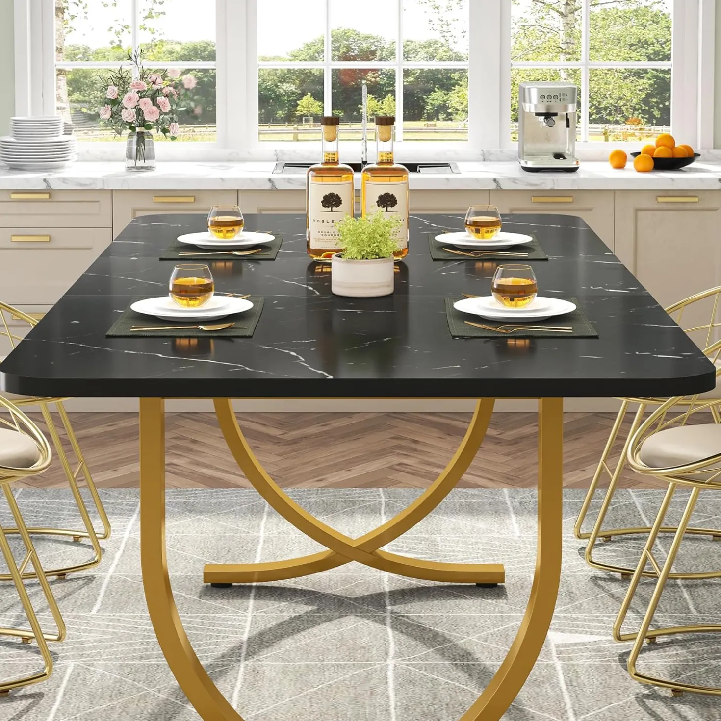 63" Modern Kitchen Table with Gold Metal Legs, Faux Marble Rectangular Dining Table