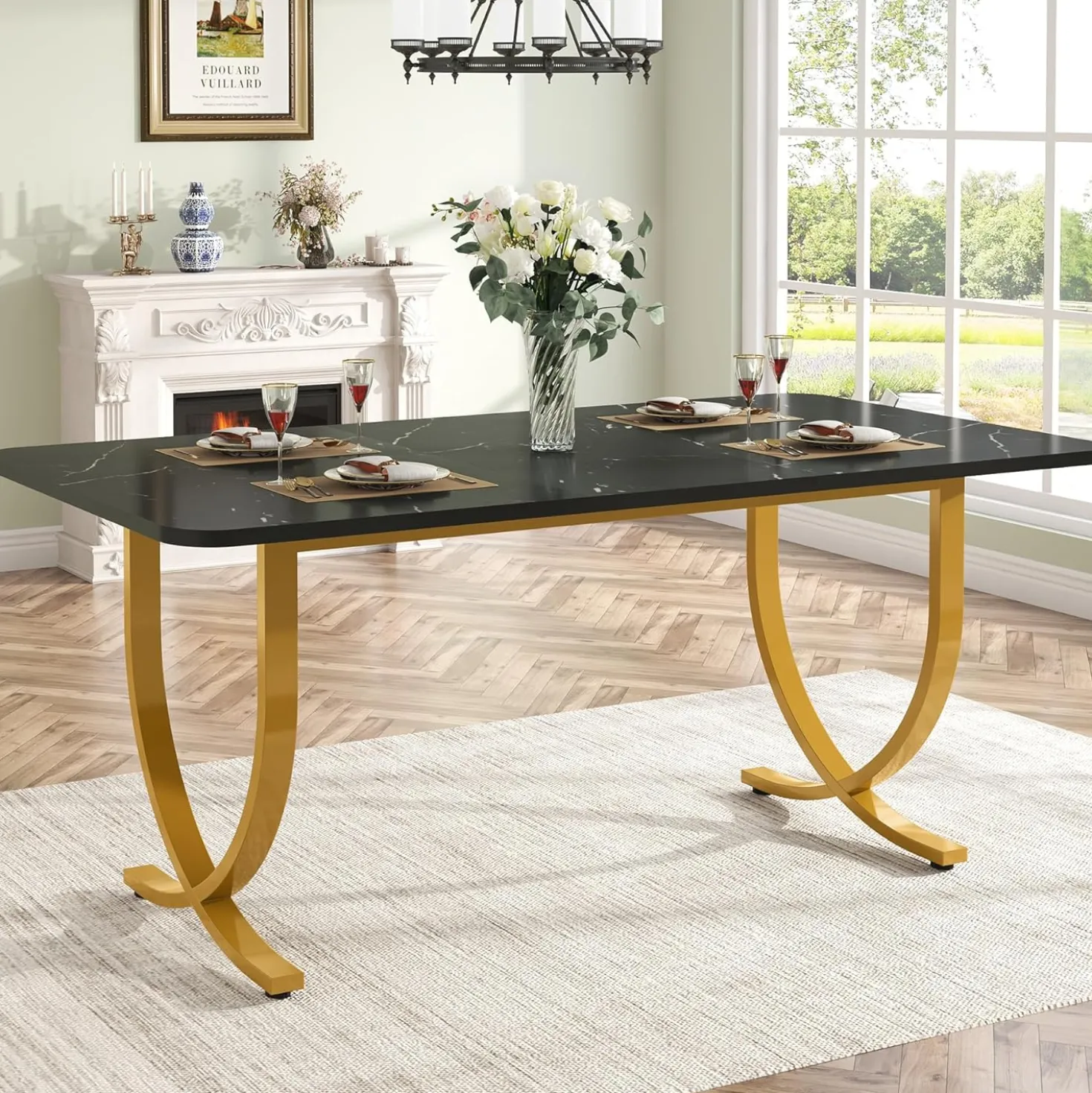 63" Modern Kitchen Table with Gold Metal Legs, Faux Marble Rectangular Dining Table