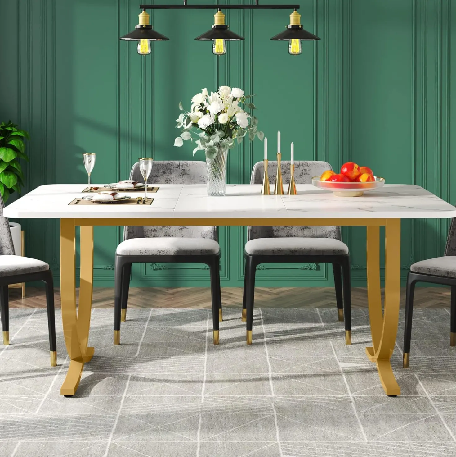 63" Modern Kitchen Table with Gold Metal Legs, Faux Marble Rectangular Dining Table