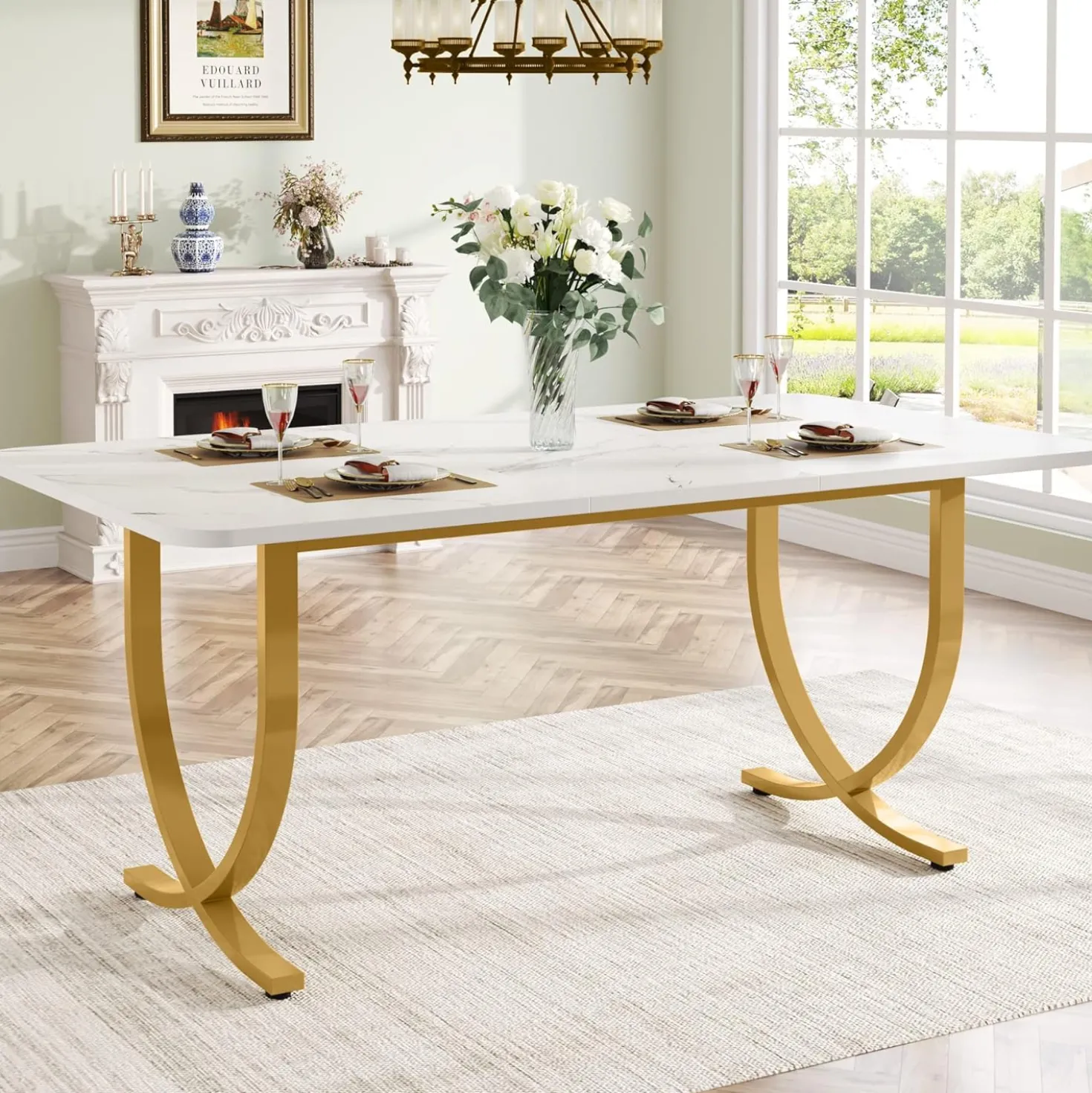63" Modern Kitchen Table with Gold Metal Legs, Faux Marble Rectangular Dining Table
