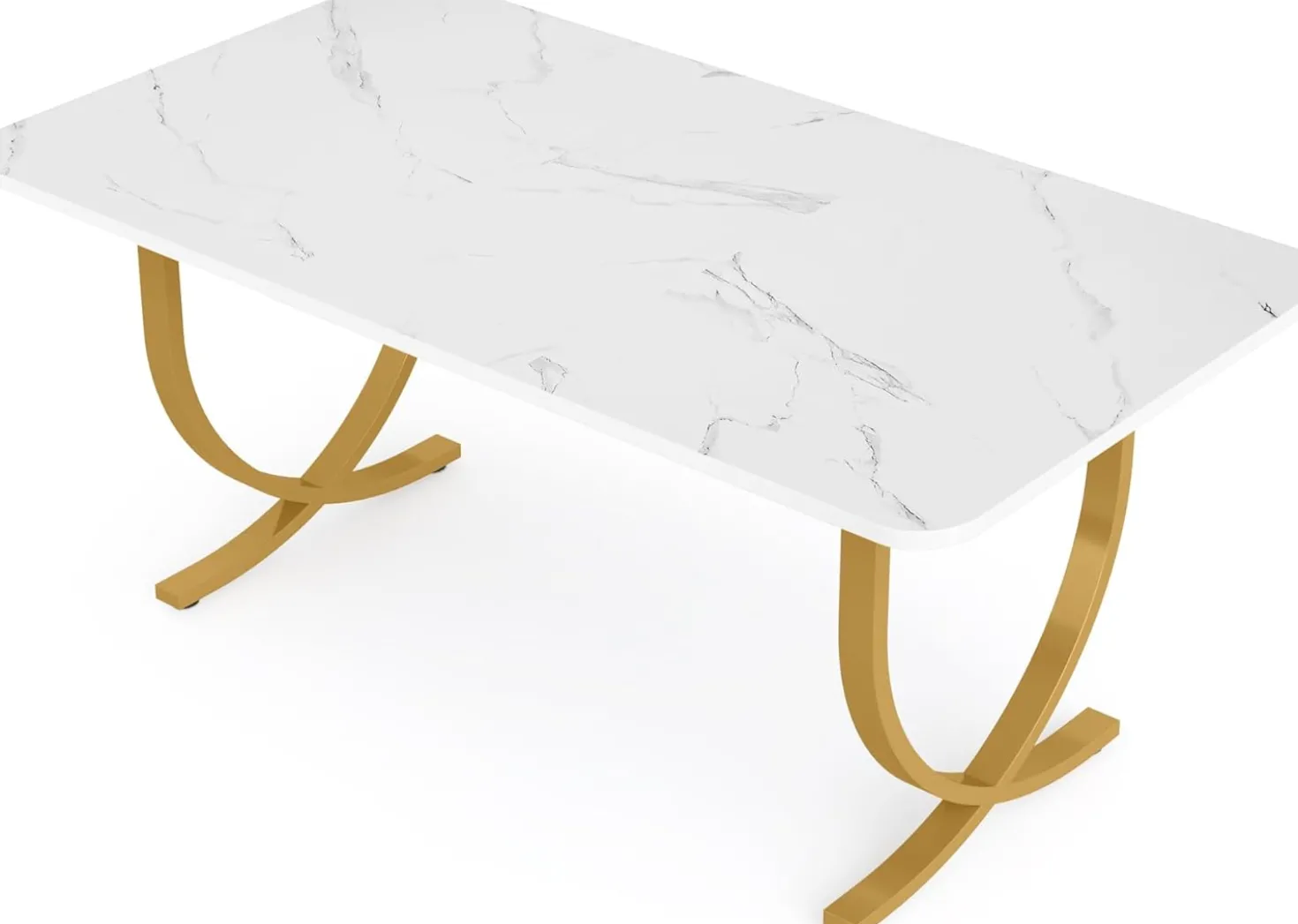 63" Modern Kitchen Table with Gold Metal Legs, Faux Marble Rectangular Dining Table