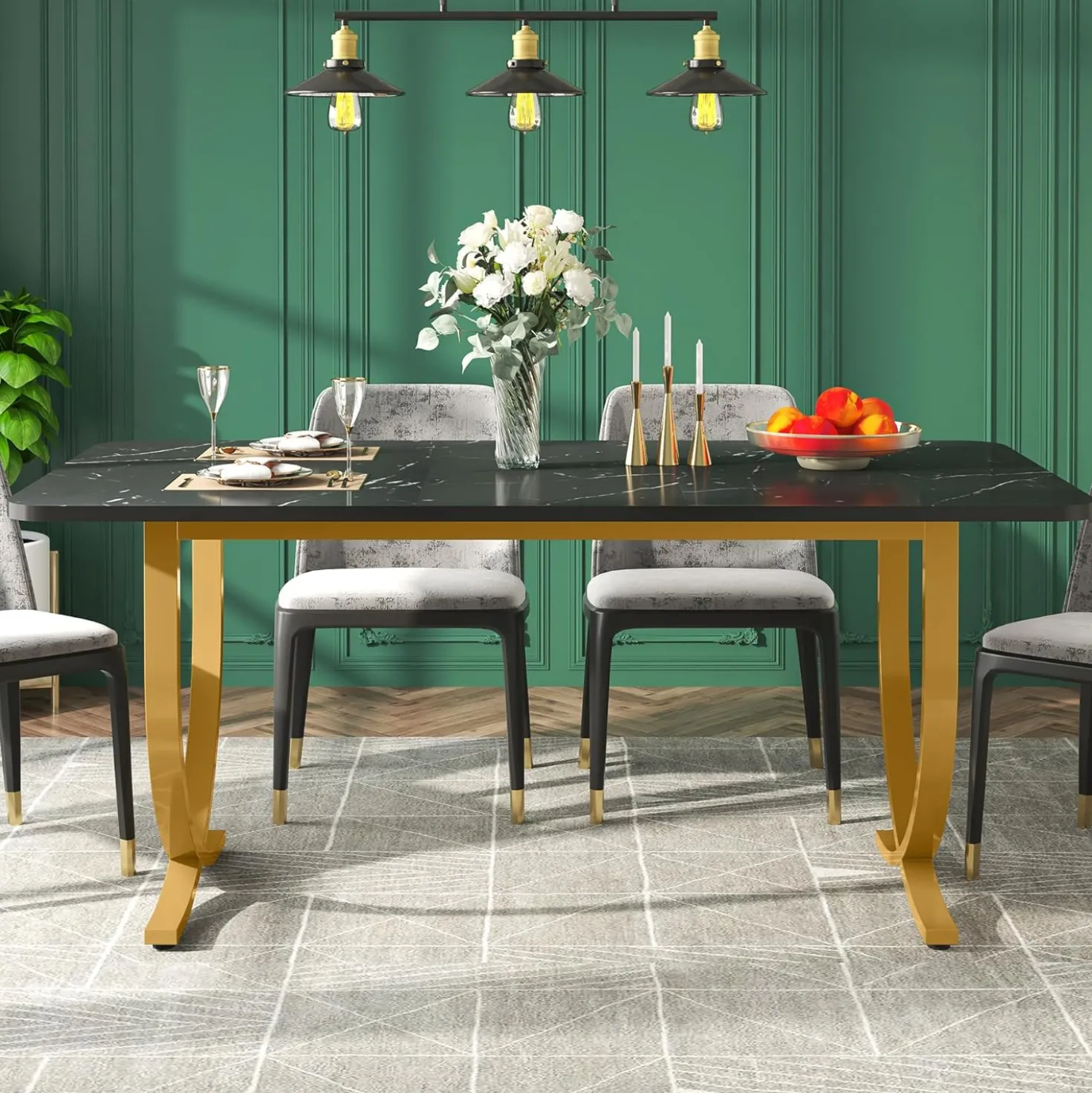 63" Modern Kitchen Table with Gold Metal Legs, Faux Marble Rectangular Dining Table