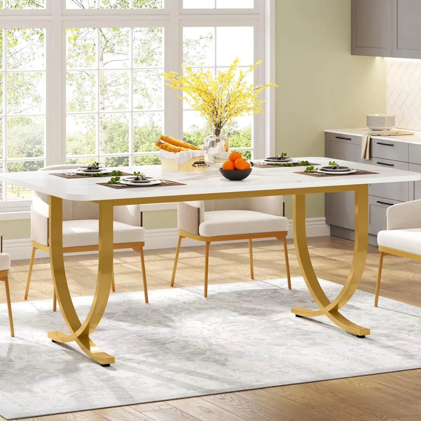 63" Modern Kitchen Table with Gold Metal Legs, Faux Marble Rectangular Dining Table
