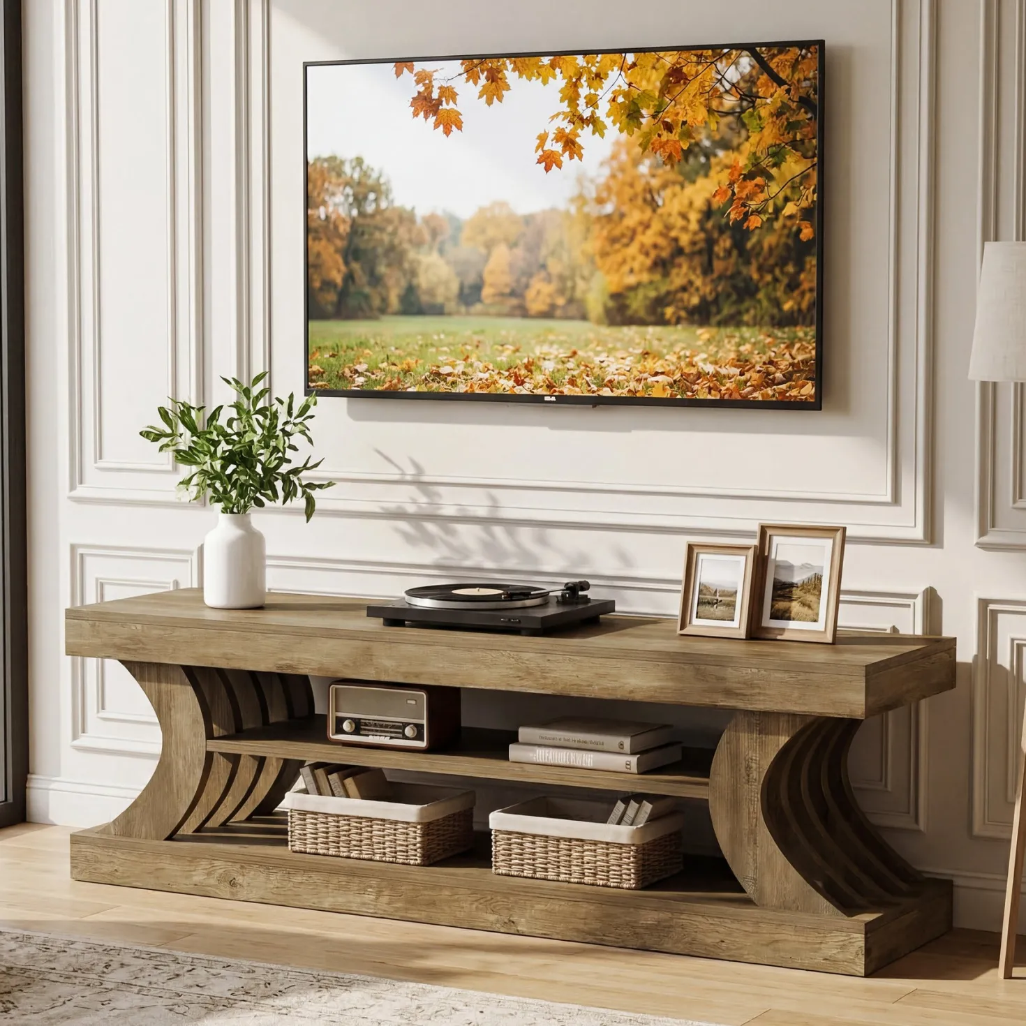 63" Modern TV Stand, C-Shaped 3-Tier Entertainment Center for 55/65/70 Inch TVs