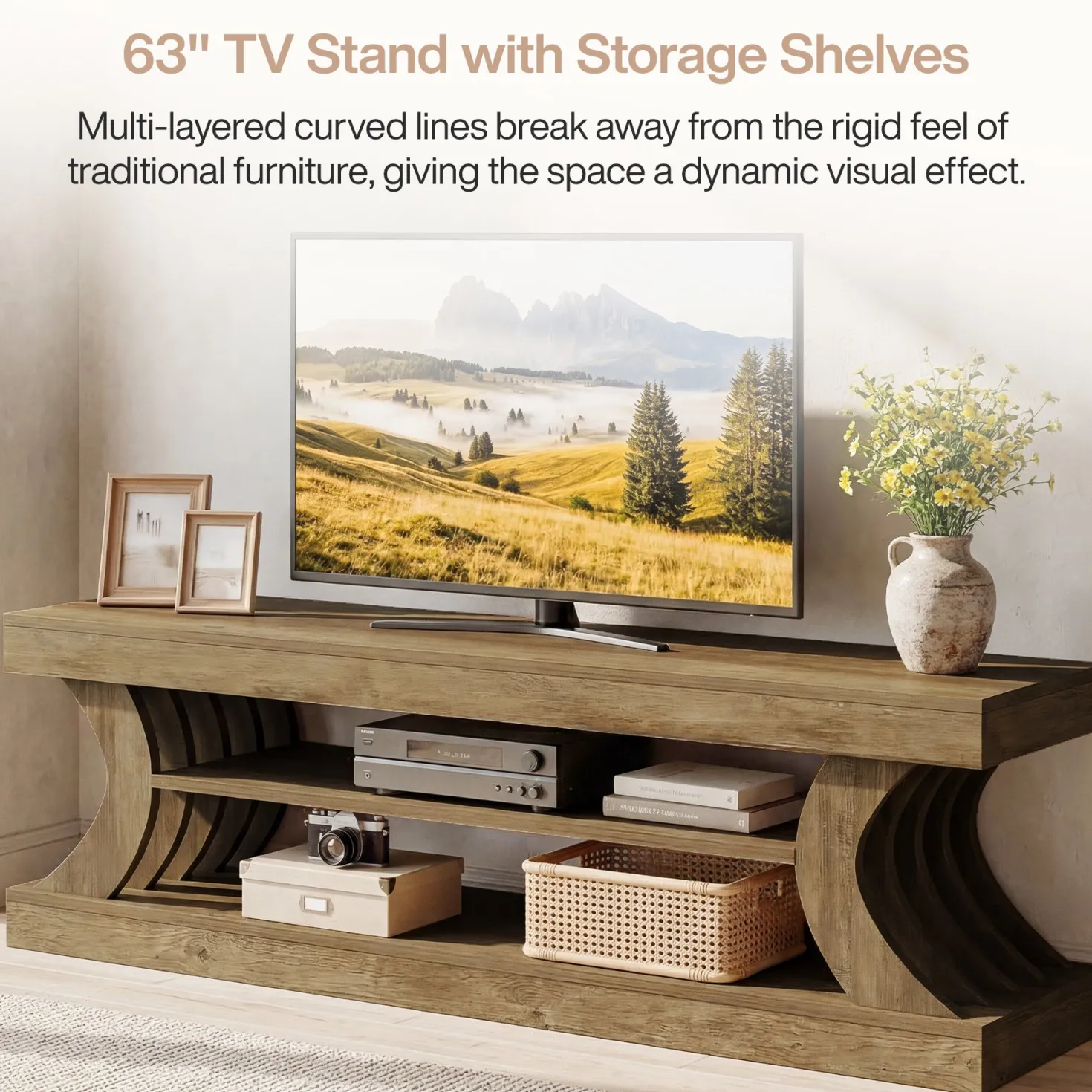 63" Modern TV Stand, C-Shaped 3-Tier Entertainment Center for 55/65/70 Inch TVs