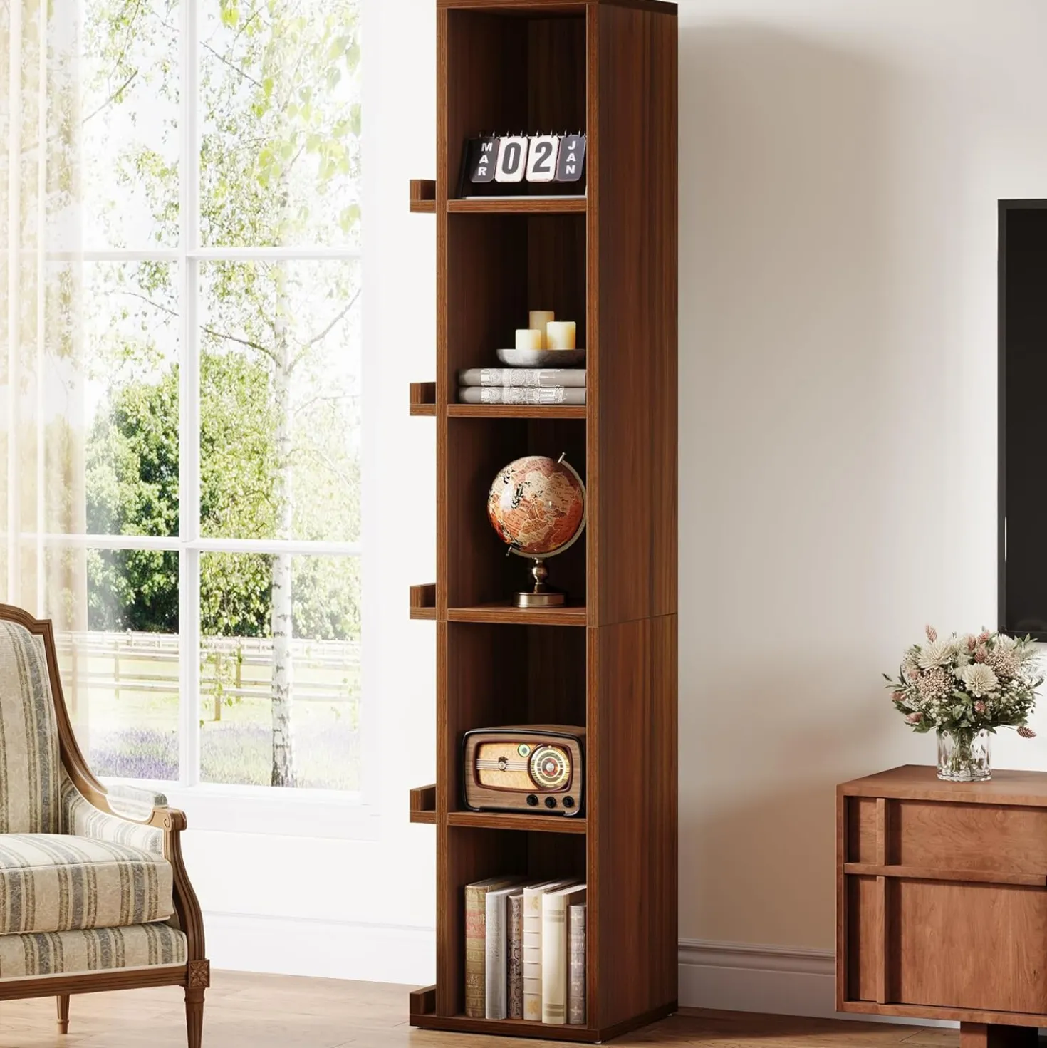 70.9" Narrow Bookcase, 5-Tier Slim Cube Bookshelf with Side Storage