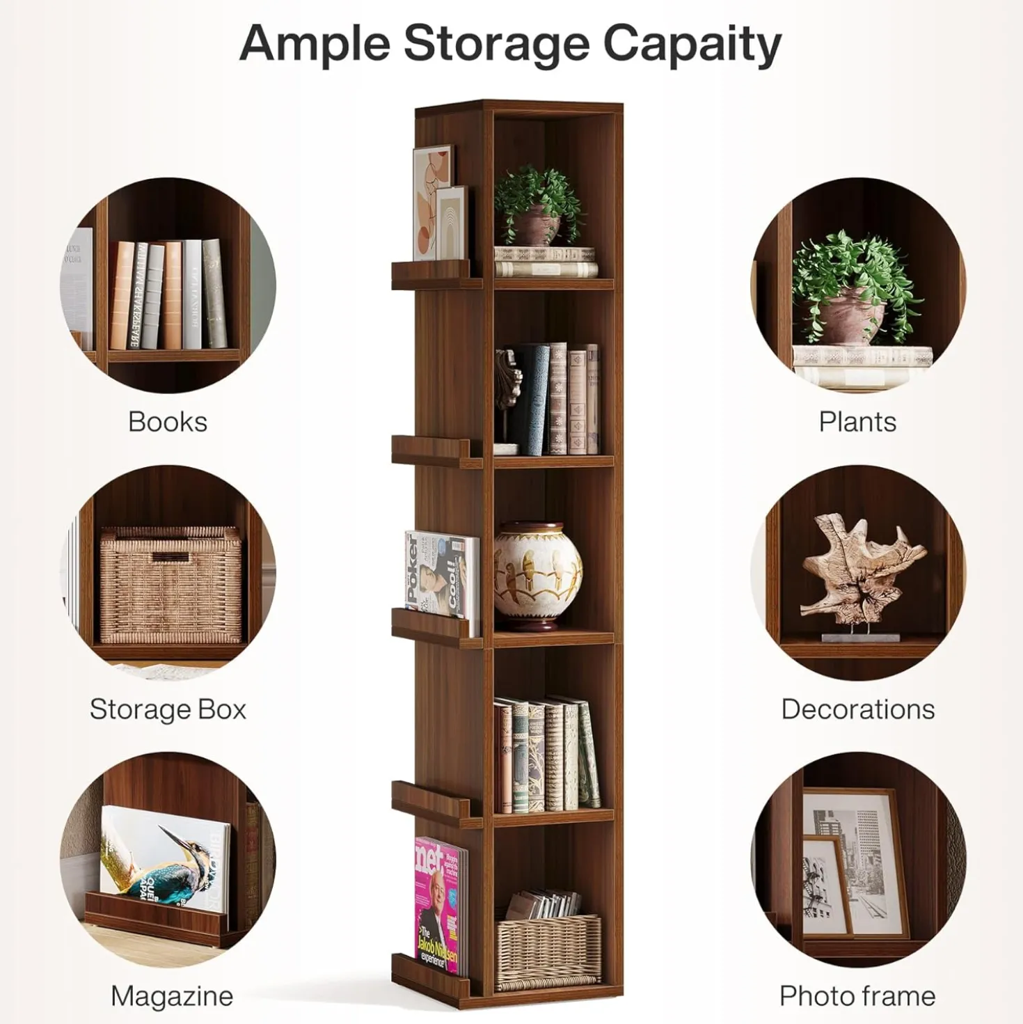 70.9" Narrow Bookcase, 5-Tier Slim Cube Bookshelf with Side Storage