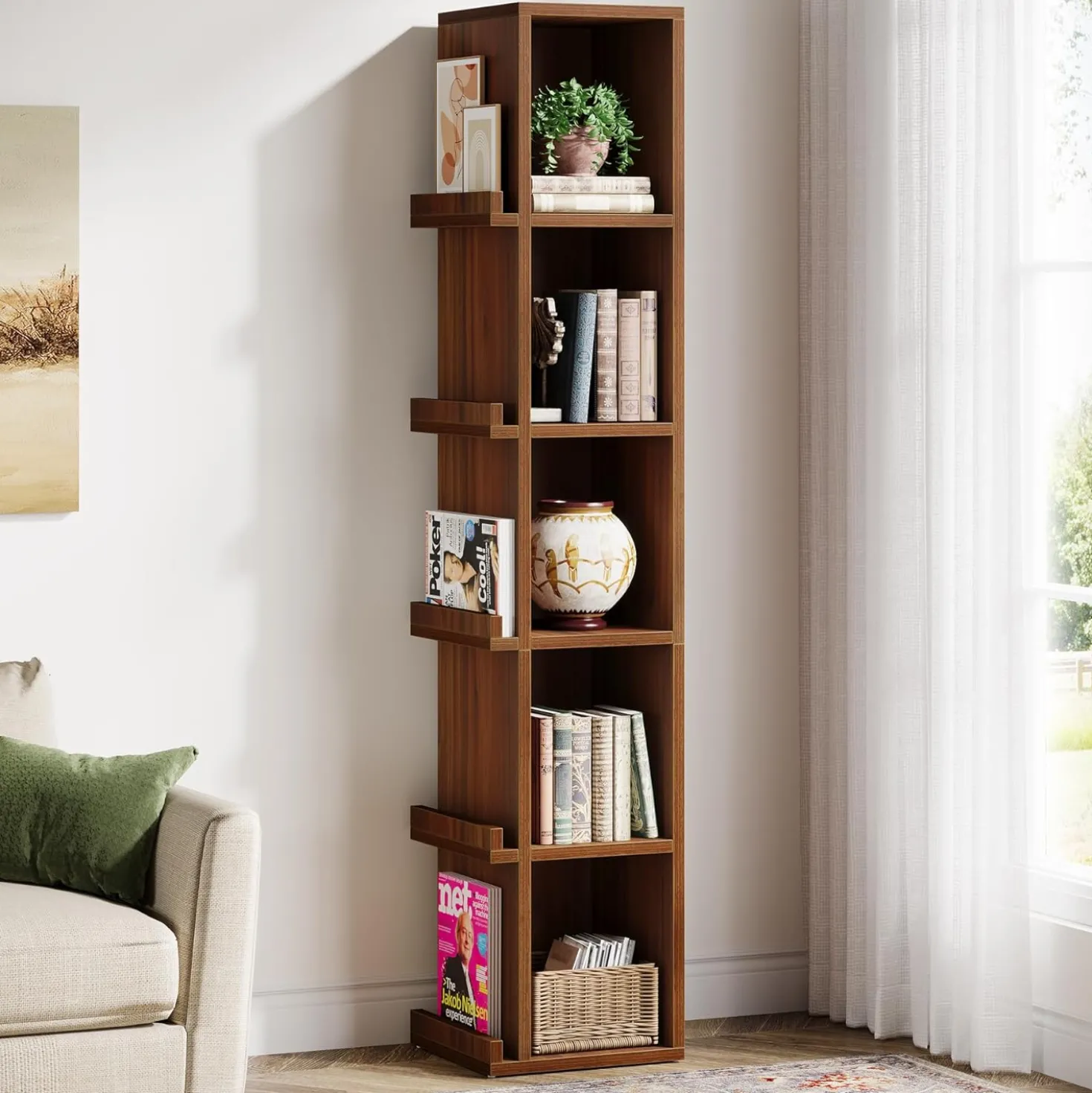 70.9" Narrow Bookcase, 5-Tier Slim Cube Bookshelf with Side Storage