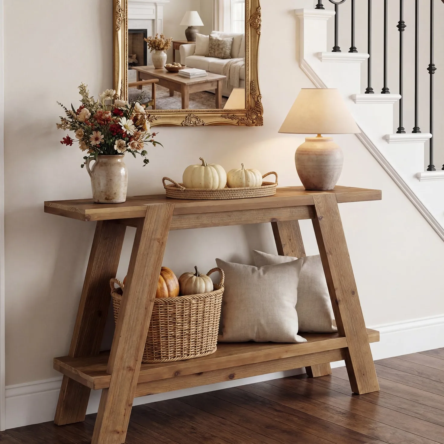 43" Narrow Console Table, 2-Tier Solid Wood Sofa Entryway Table