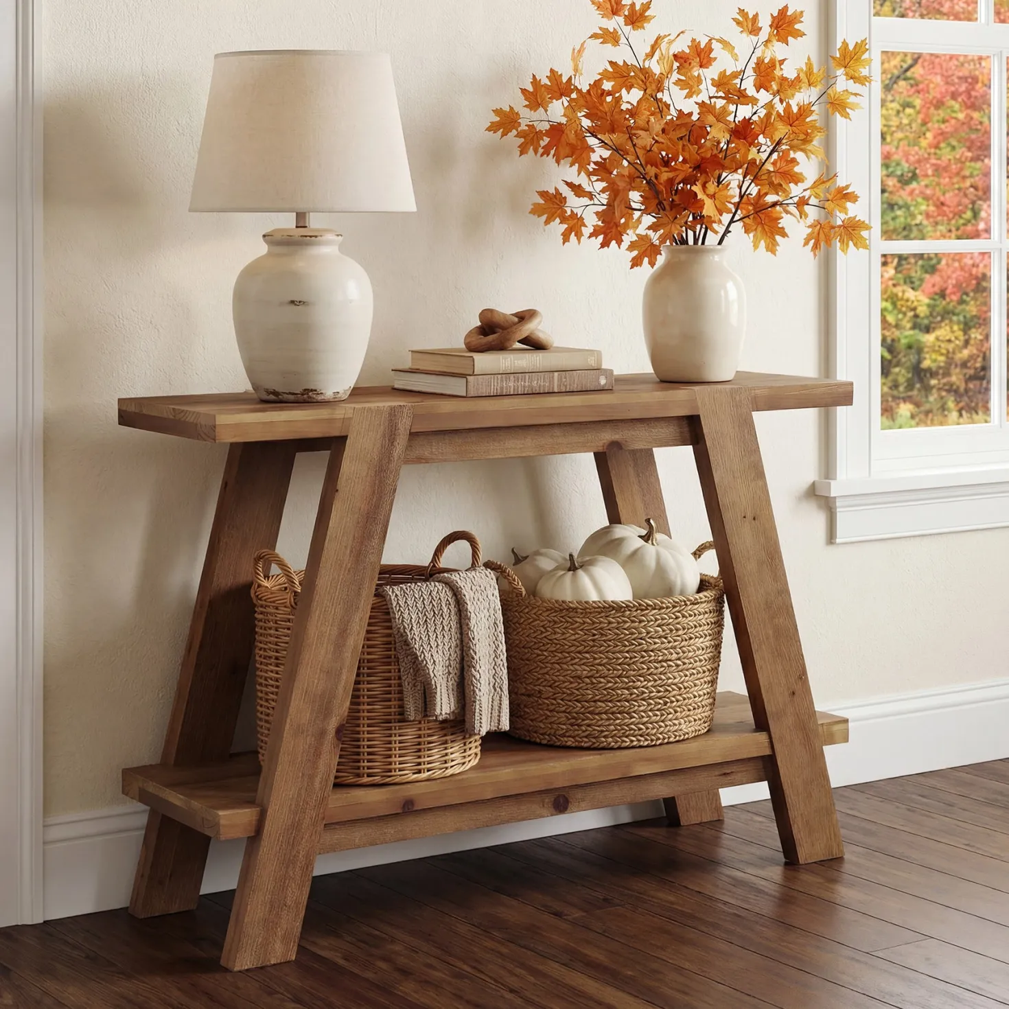 43" Narrow Console Table, 2-Tier Solid Wood Sofa Entryway Table