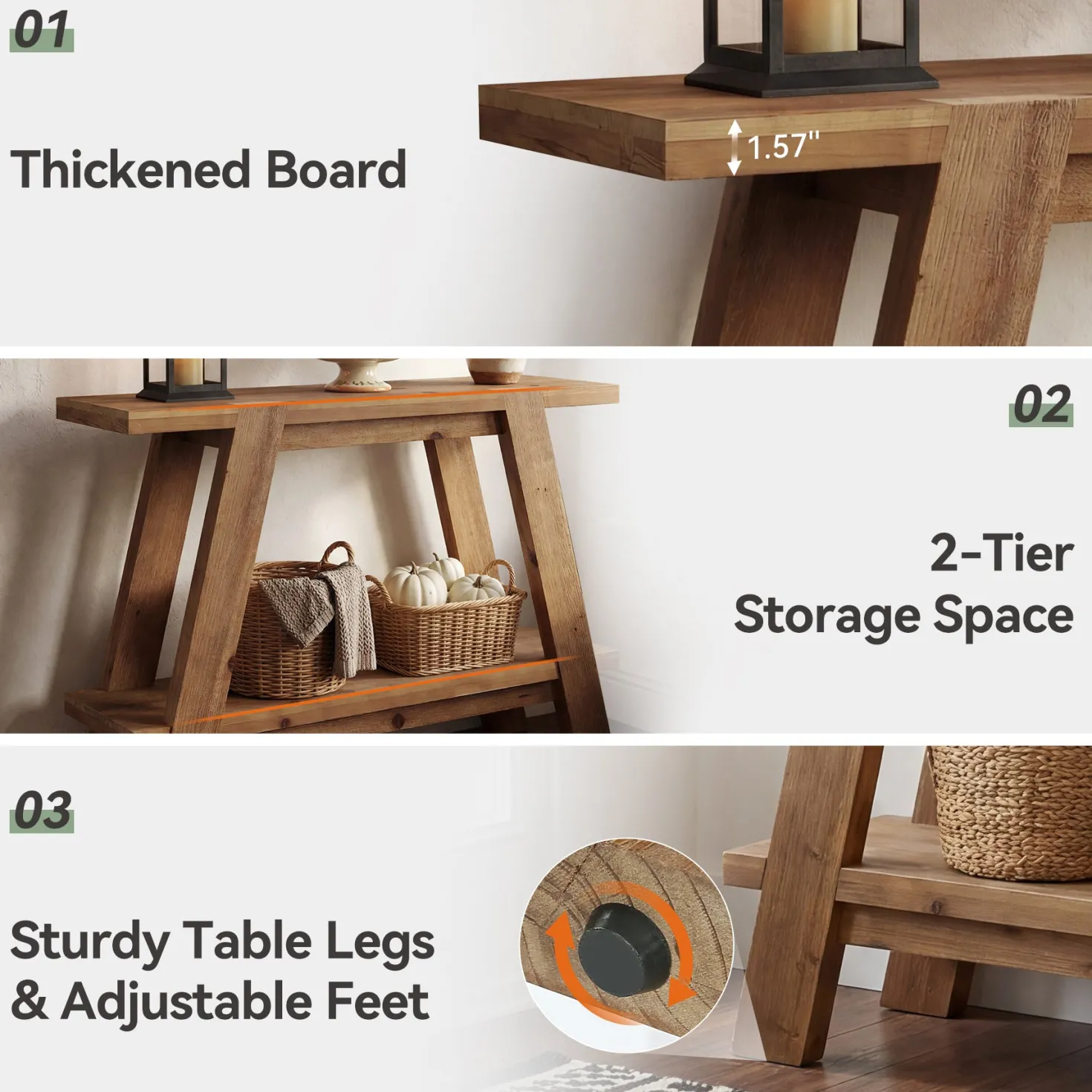 43" Narrow Console Table, 2-Tier Solid Wood Sofa Entryway Table