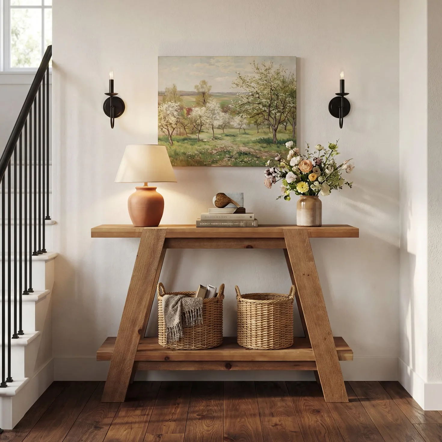 43" Narrow Console Table, 2-Tier Solid Wood Sofa Entryway Table
