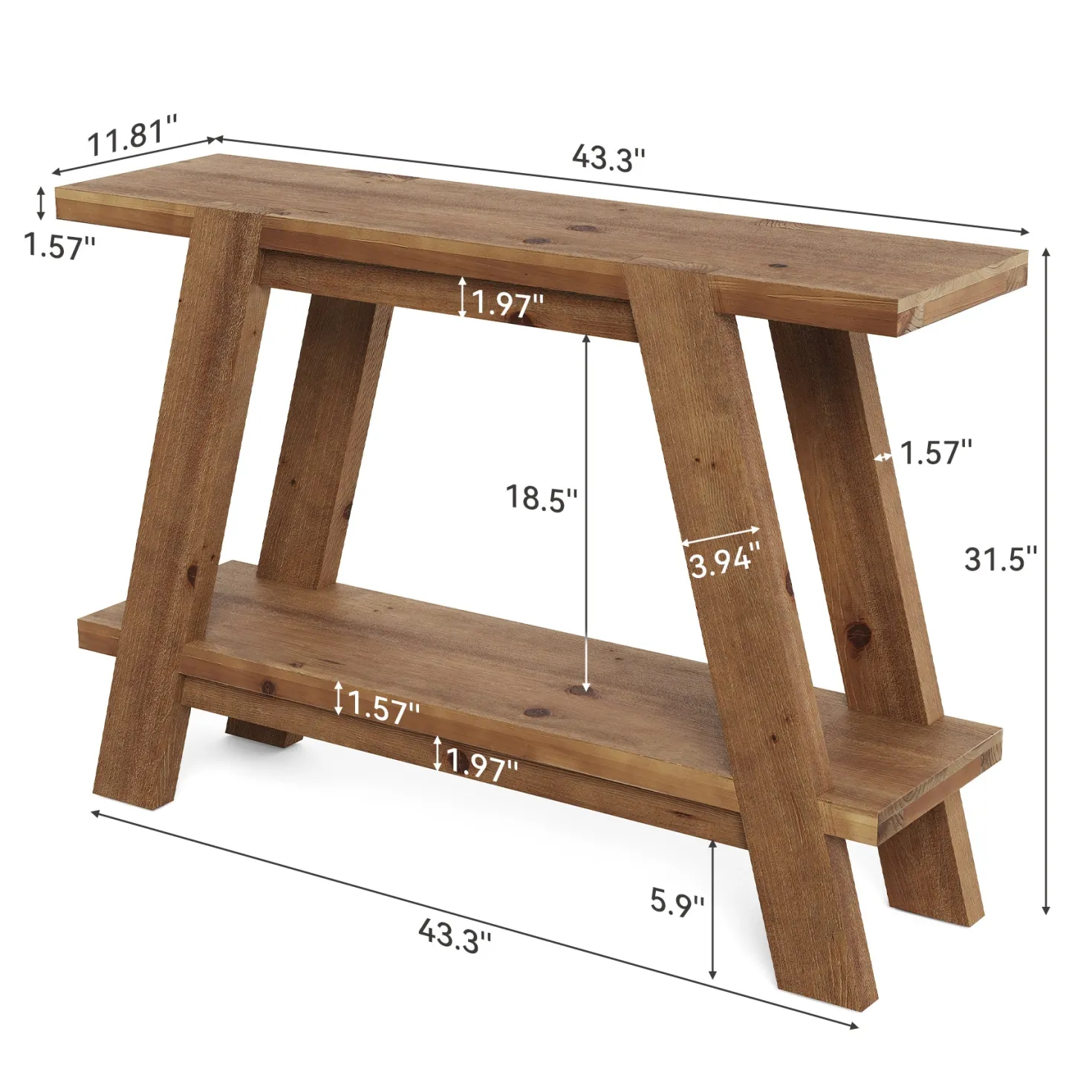43" Narrow Console Table, 2-Tier Solid Wood Sofa Entryway Table