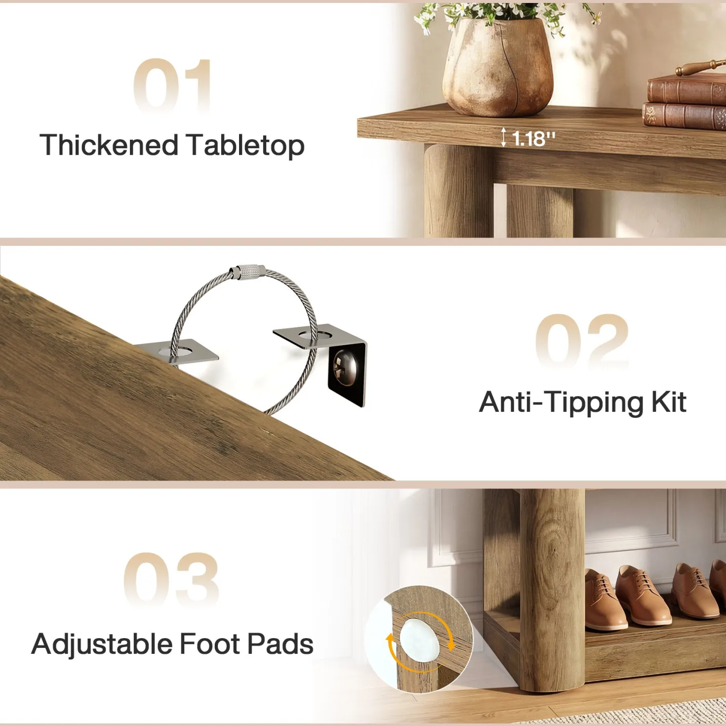 47" Narrow Console Table with Shelves, 3-Tier Entryway Sofa Table with Thick Frame for Hallway & Living Room