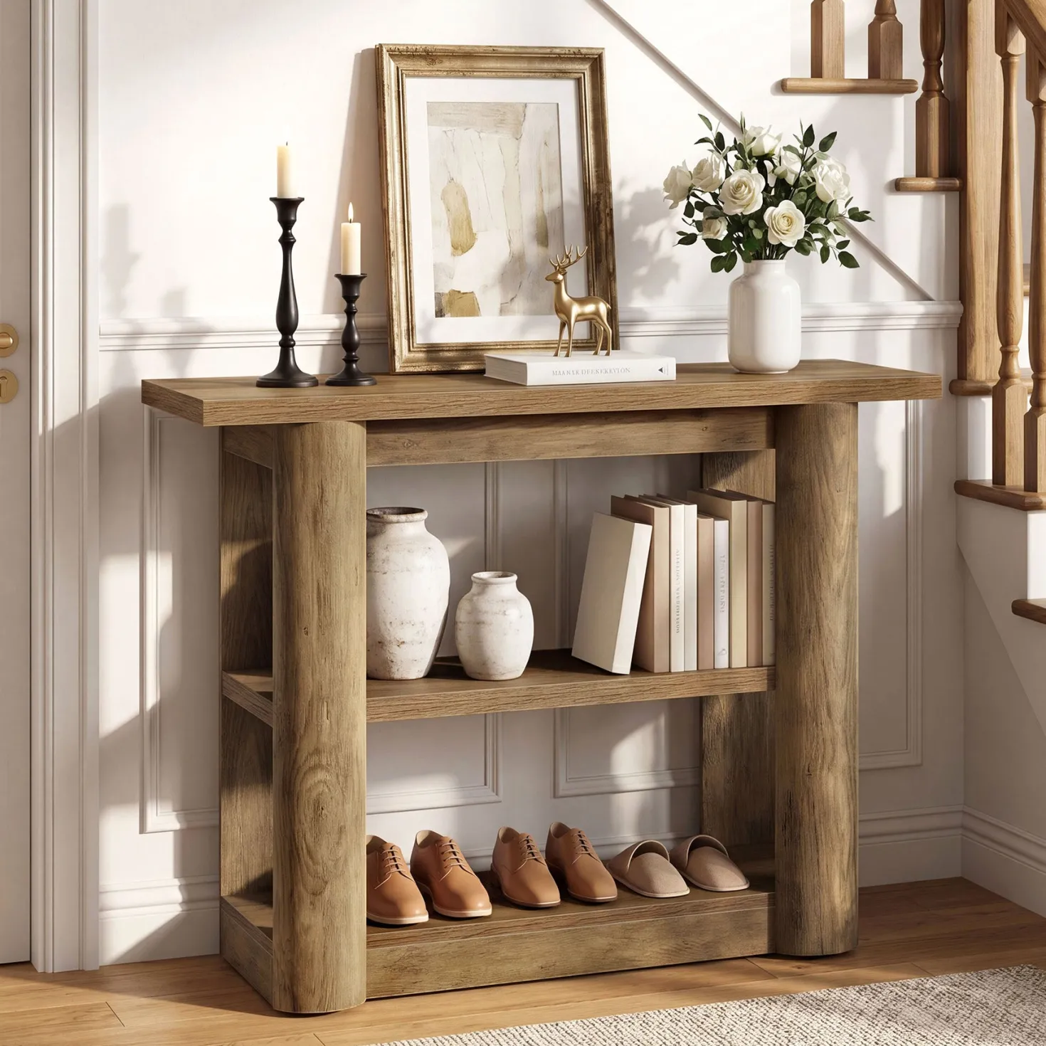 47" Narrow Console Table with Shelves, 3-Tier Entryway Sofa Table with Thick Frame for Hallway & Living Room