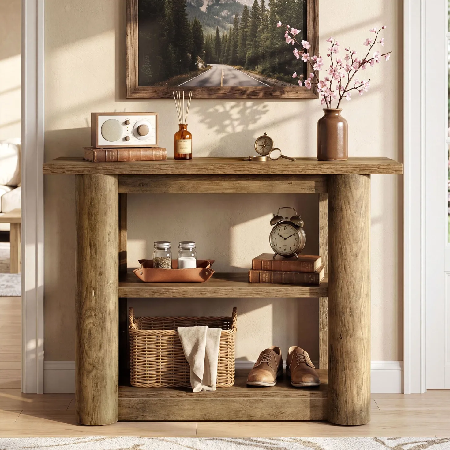 47" Narrow Console Table with Shelves, 3-Tier Entryway Sofa Table with Thick Frame for Hallway & Living Room