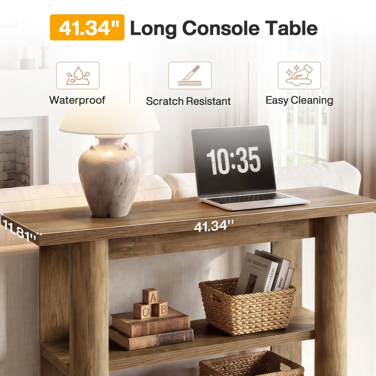 47" Narrow Console Table with Shelves, 3-Tier Entryway Sofa Table with Thick Frame for Hallway & Living Room