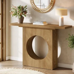 41.3" Narrow Farmhouse Console Table with Round Cutout Design, Slim Entryway Sofa Table