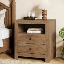 23.6" Nightstand, Rustic Bedside Table with 2 Storage Drawers
