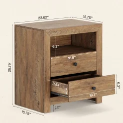 23.6" Nightstand, Rustic Bedside Table with 2 Storage Drawers