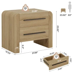 27.55" Nightstand with 2 Drawers, Modern Curved Bedside Table with Storage