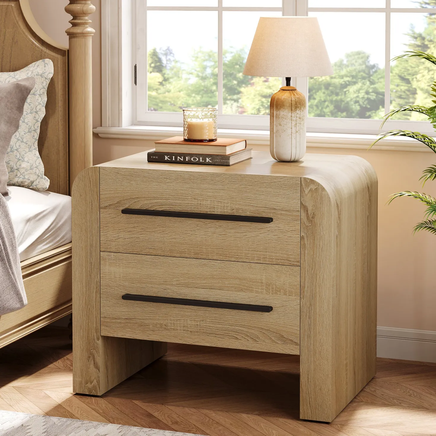 27.55" Nightstand with 2 Drawers, Modern Curved Bedside Table with Storage