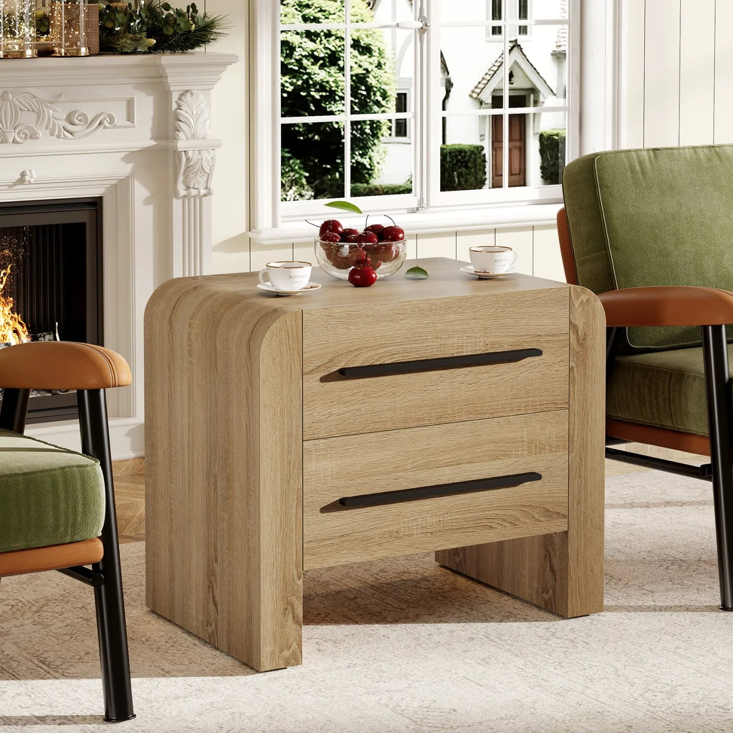 27.55" Nightstand with 2 Drawers, Modern Curved Bedside Table with Storage