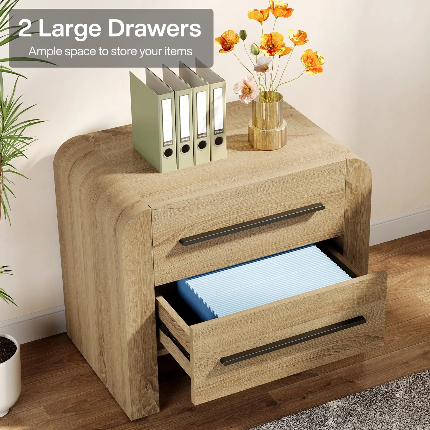 27.55" Nightstand with 2 Drawers, Modern Curved Bedside Table with Storage
