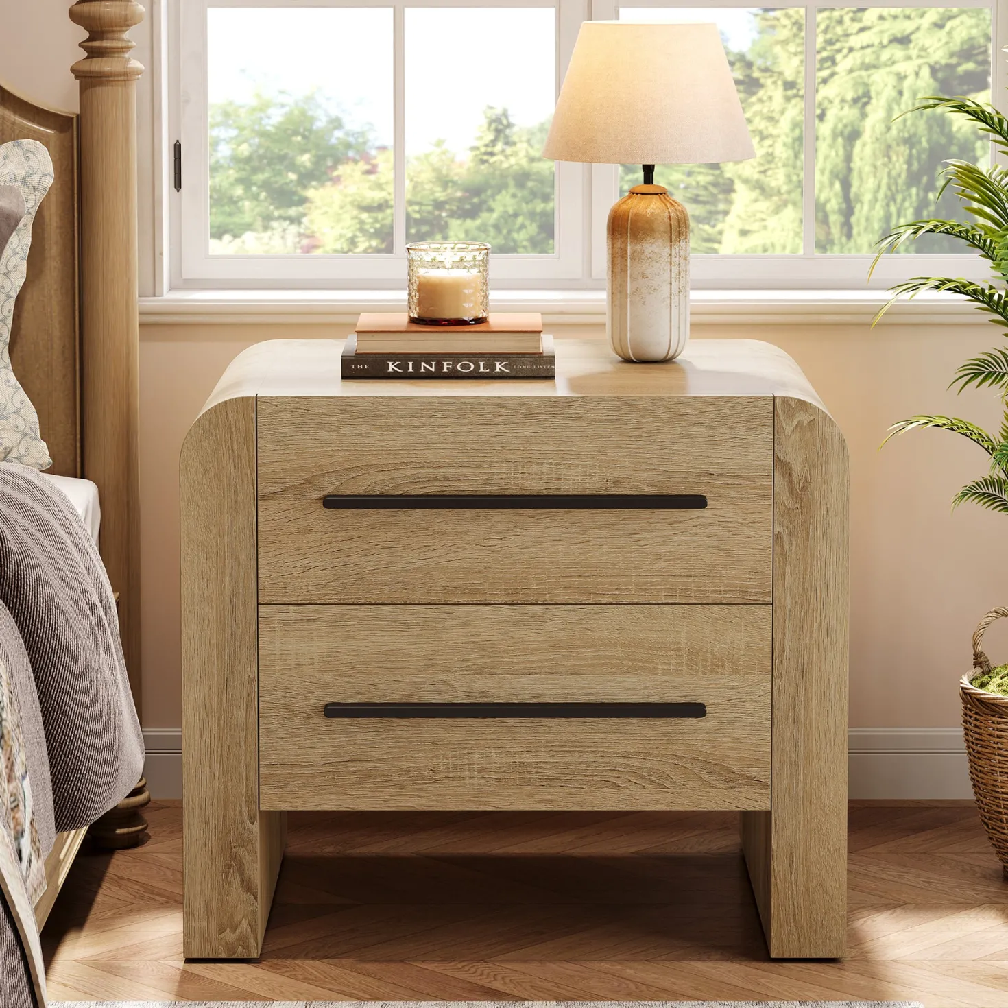 27.55" Nightstand with 2 Drawers, Modern Curved Bedside Table with Storage
