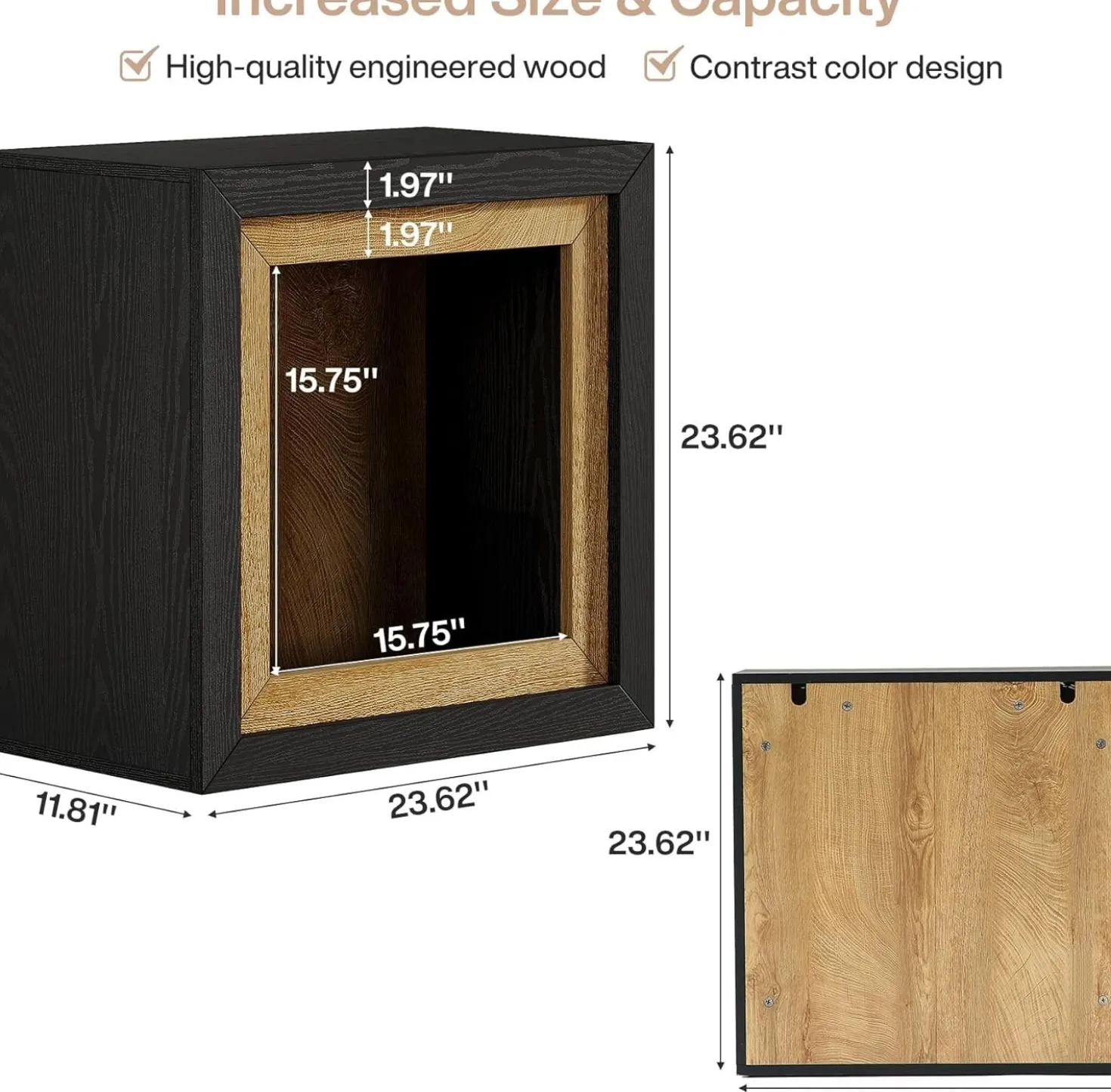 23.6" Nightstand, Wooden Cube Bedside Table with Frame-Inspired Design