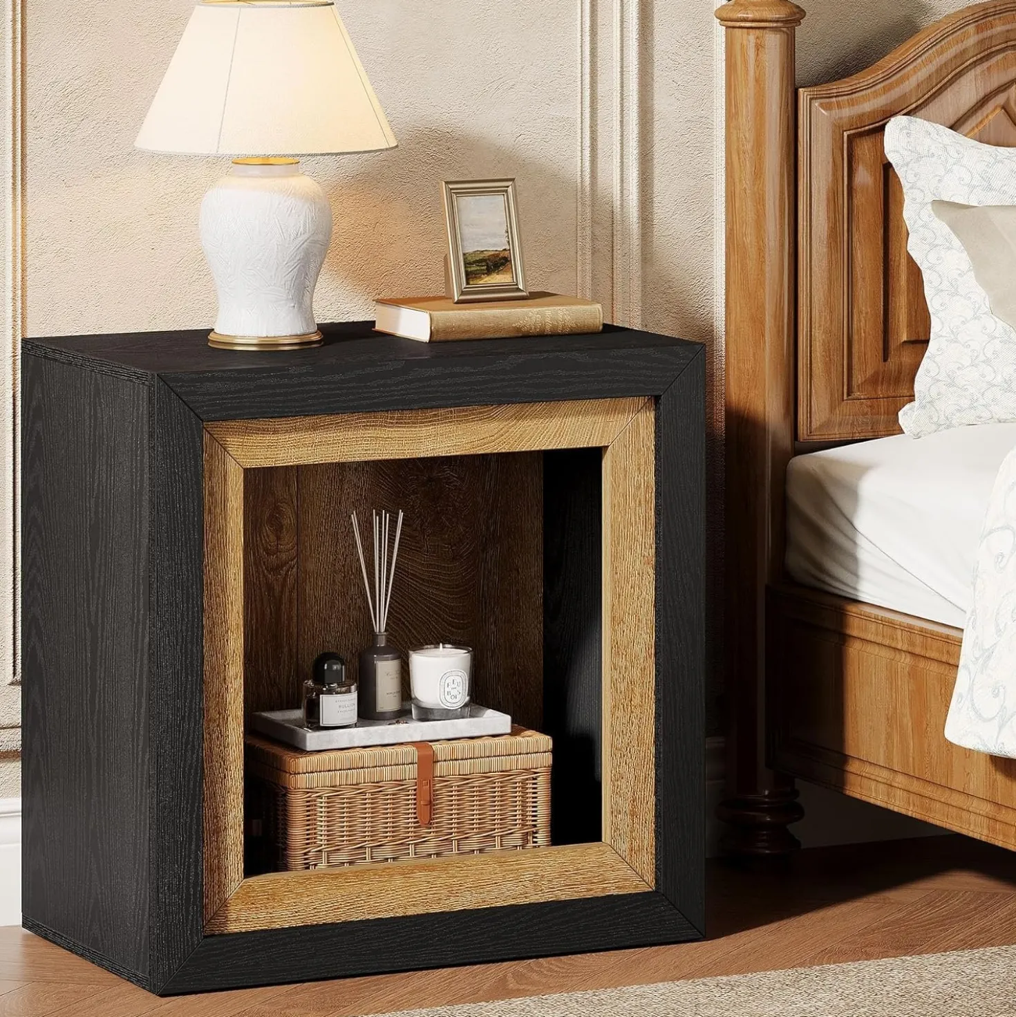 23.6" Nightstand, Wooden Cube Bedside Table with Frame-Inspired Design