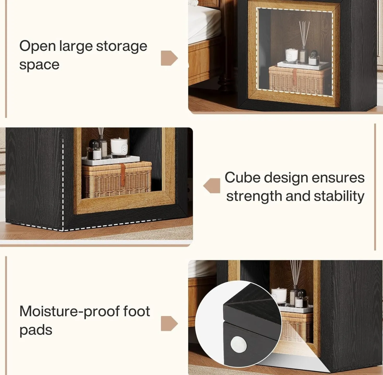 23.6" Nightstand, Wooden Cube Bedside Table with Frame-Inspired Design
