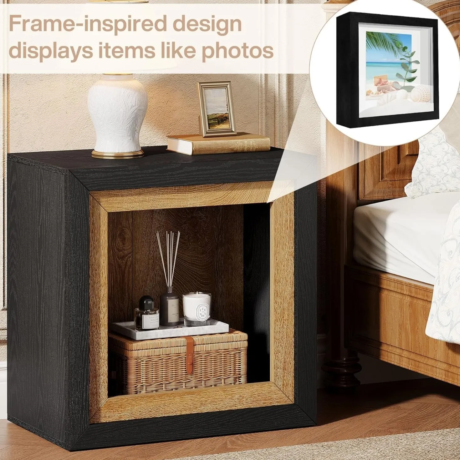 23.6" Nightstand, Wooden Cube Bedside Table with Frame-Inspired Design