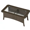 35.4" Outdoor Coffee Table, Rectangular Wicker Center Table With Glass Top